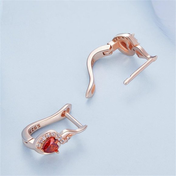 Rose Gold Plated Heart Stud Earrings Red Cubic Zirconia Stone Hoop Stud Dangle - Picture 3 of 5
